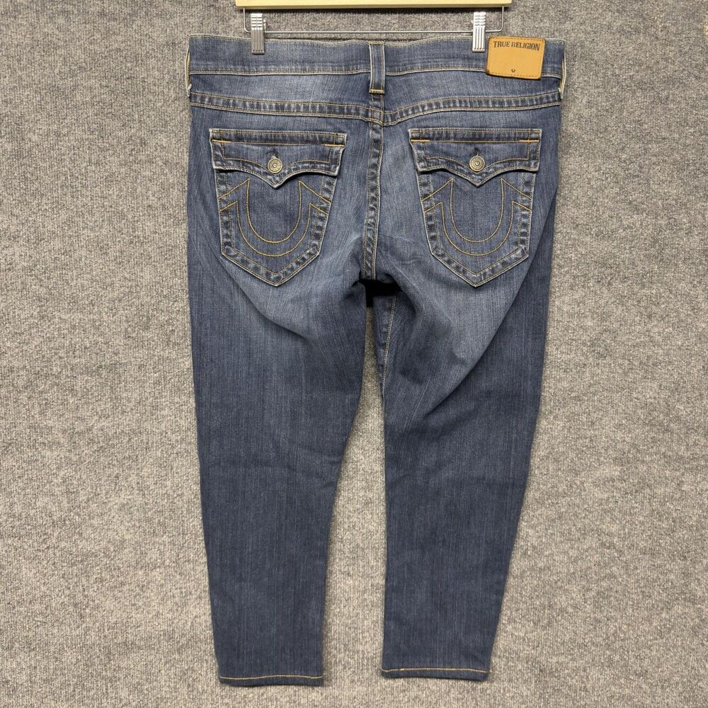True Religion Ricky W/Flap Jeans Mens 38x26 Blue Relaxed Straight USA Short Hem
